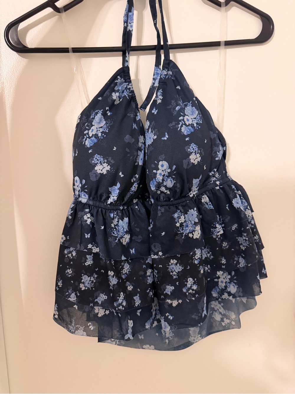 Navy Blue Floral Top with Light Blue Blooms